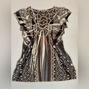 ONE WORLD Black and White Sleeveless Graphic Blouse